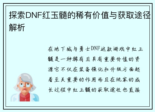 探索DNF红玉髓的稀有价值与获取途径解析